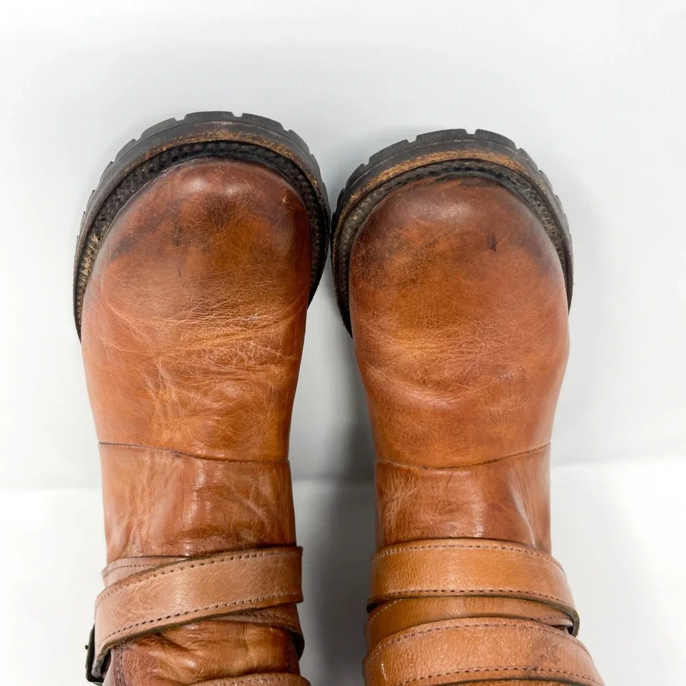 Freebird Steven Dillon Boots Womens 9 Brown Leather Tall Shearling Harness Strap